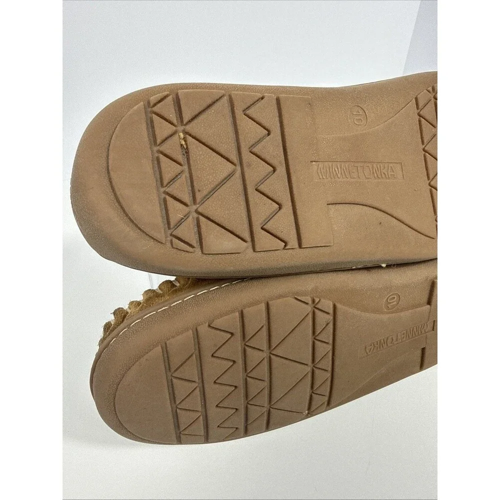 MINNETONKA TAN SUEDE LEATHER MEN'S MOCCASIN SLIPPERS FAUX FUR LINED SZ 10M